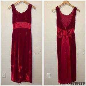 VTG 60's Red Velvet Sleeveless Silky Low Back Bow Tie Glam Evening Gown Size XXS